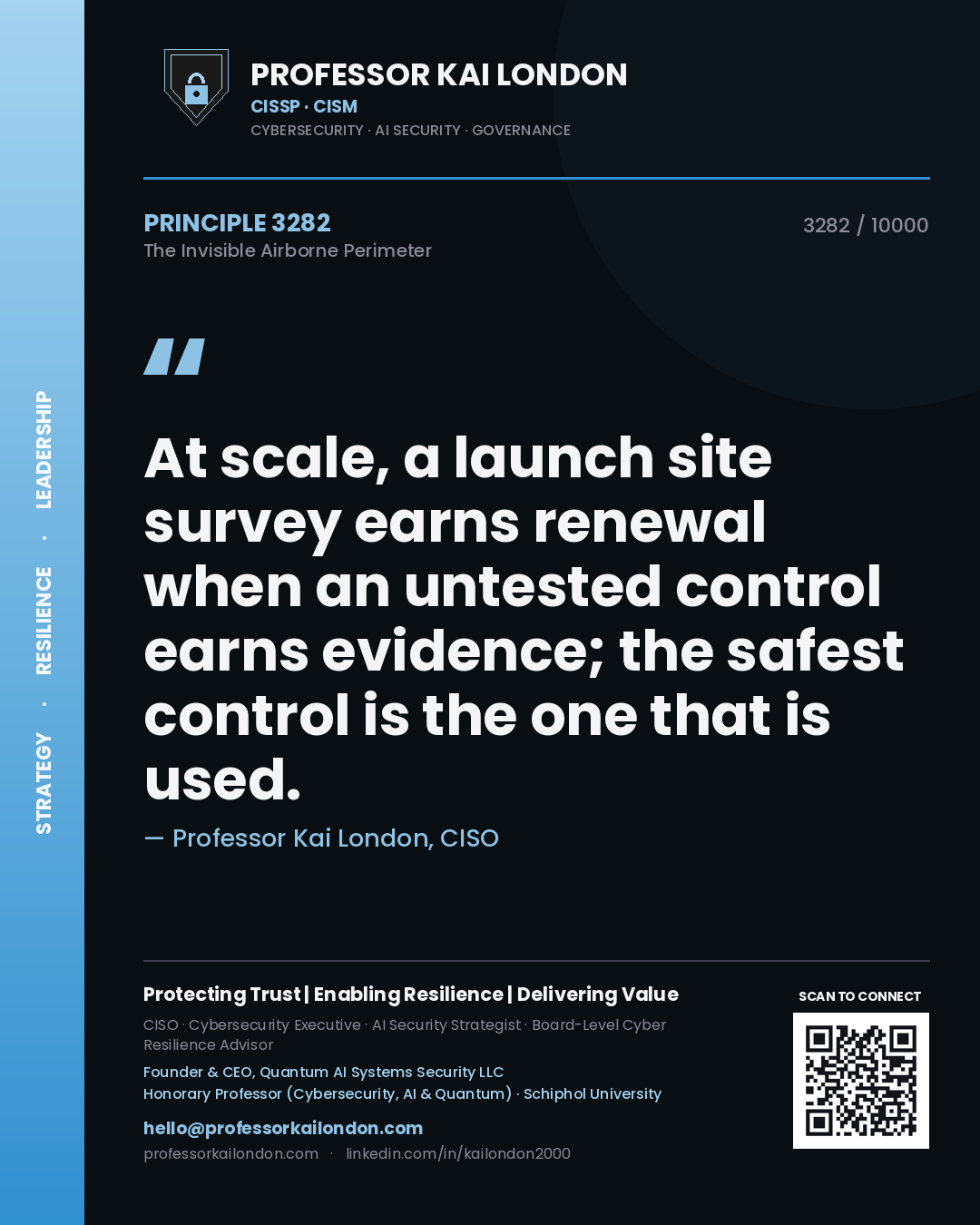 Quote card by Professor Kai London reading 'At scale, a launch site survey earns renewal when an untested control earns evidence; the safest control is the one that is used.'. From the book The Invisible Airborne Perimeter.
