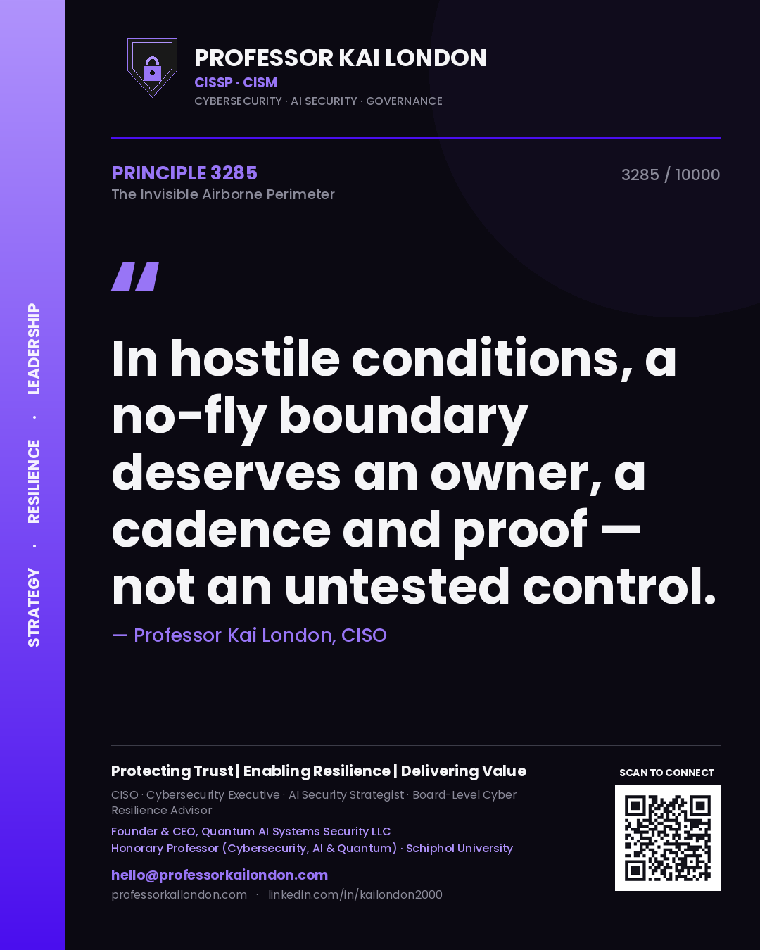 Quote card by Professor Kai London reading 'In hostile conditions, a no-fly boundary deserves an owner, a cadence and proof — not an untested control.'. From the book The Invisible Airborne Perimeter.