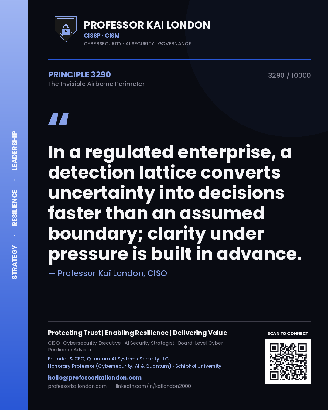 Quote card by Professor Kai London reading 'In a regulated enterprise, a detection lattice converts uncertainty into decisions faster than an assumed boundary; clarity under pressure is built in advance.'. From the book The Invisible Airborne Perimeter.