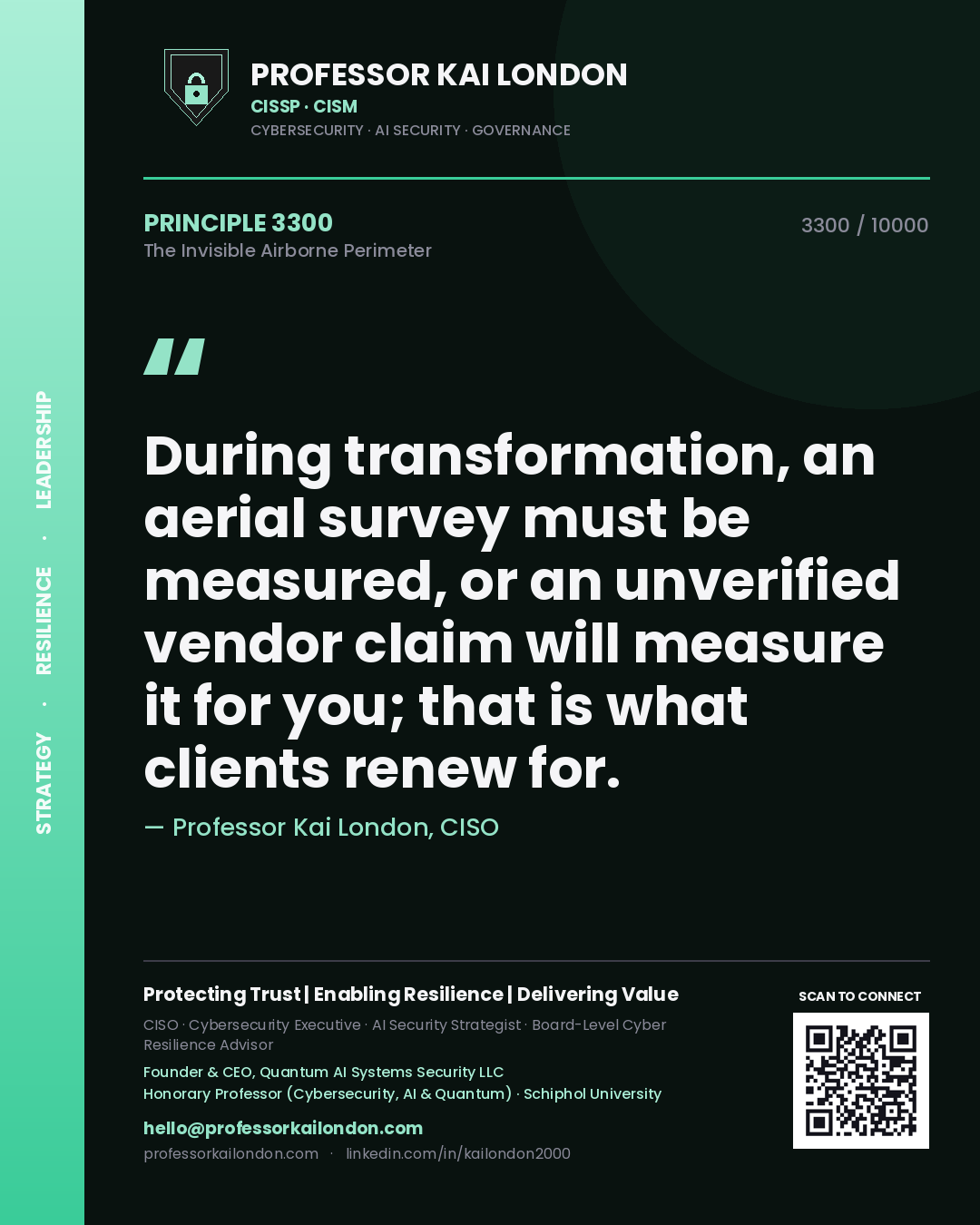 Professor Kai London principle 3300: During transformation, an aerial survey must be measured, or an unverified vendor claim will measure it for you; that is what clients renew for.