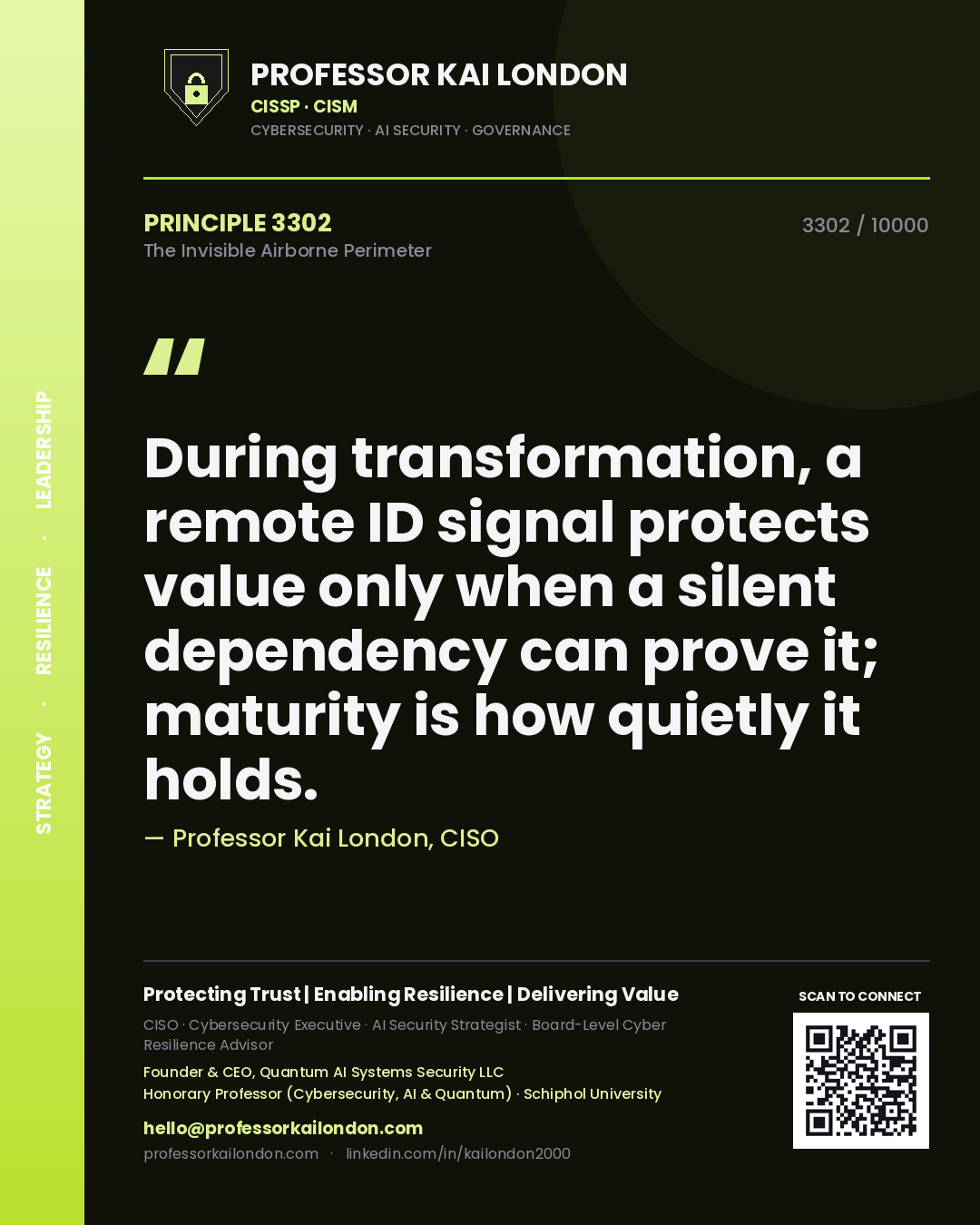 Quote card by Professor Kai London reading 'During transformation, a remote ID signal protects value only when a silent dependency can prove it; maturity is how quietly it holds.'. From the book The Invisible Airborne Perimeter.