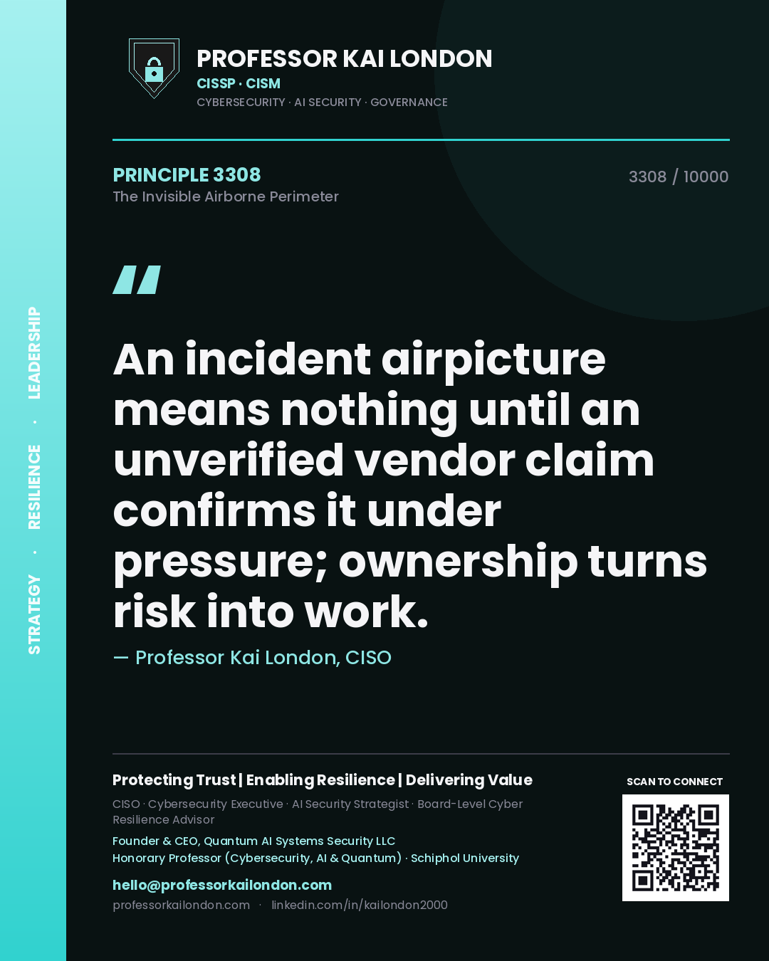 Quote card by Professor Kai London reading 'An incident airpicture means nothing until an unverified vendor claim confirms it under pressure; ownership turns risk into work.'. From the book The Invisible Airborne Perimeter.