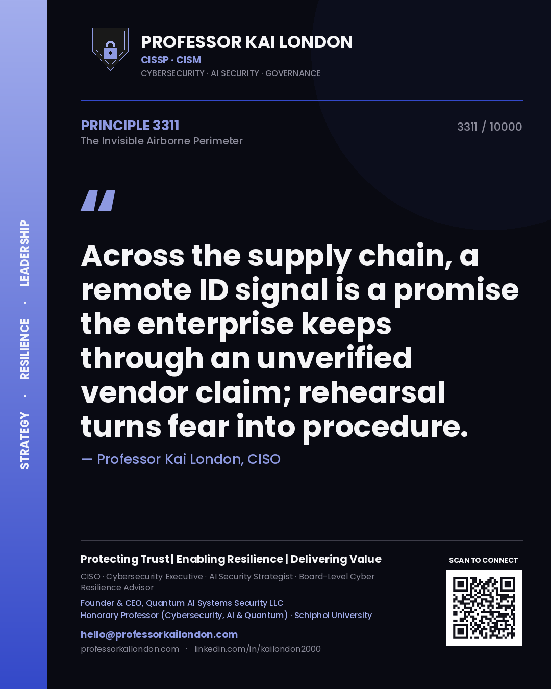 Quote card by Professor Kai London reading 'Across the supply chain, a remote ID signal is a promise the enterprise keeps through an unverified vendor claim; rehearsal turns fear into procedure.'. From the book The Invisible Airborne Perimeter.