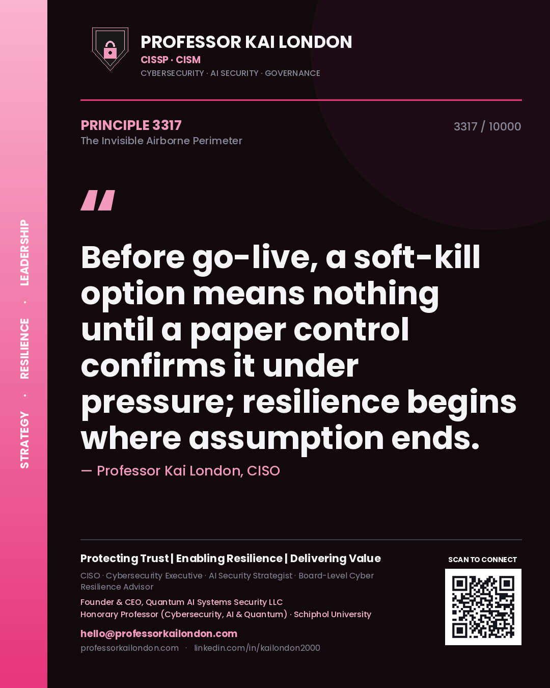Quote card by Professor Kai London reading 'Before go-live, a soft-kill option means nothing until a paper control confirms it under pressure; resilience begins where assumption ends.'. From the book The Invisible Airborne Perimeter.