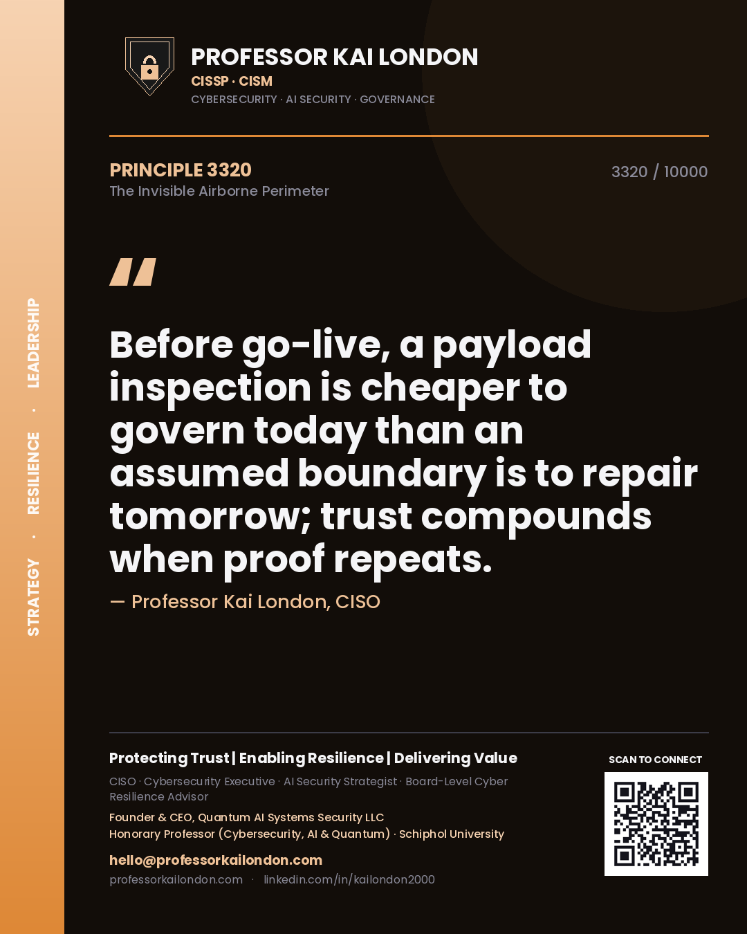 Quote card by Professor Kai London reading 'Before go-live, a payload inspection is cheaper to govern today than an assumed boundary is to repair tomorrow; trust compounds when proof repeats.'. From the book The Invisible Airborne Perimeter.