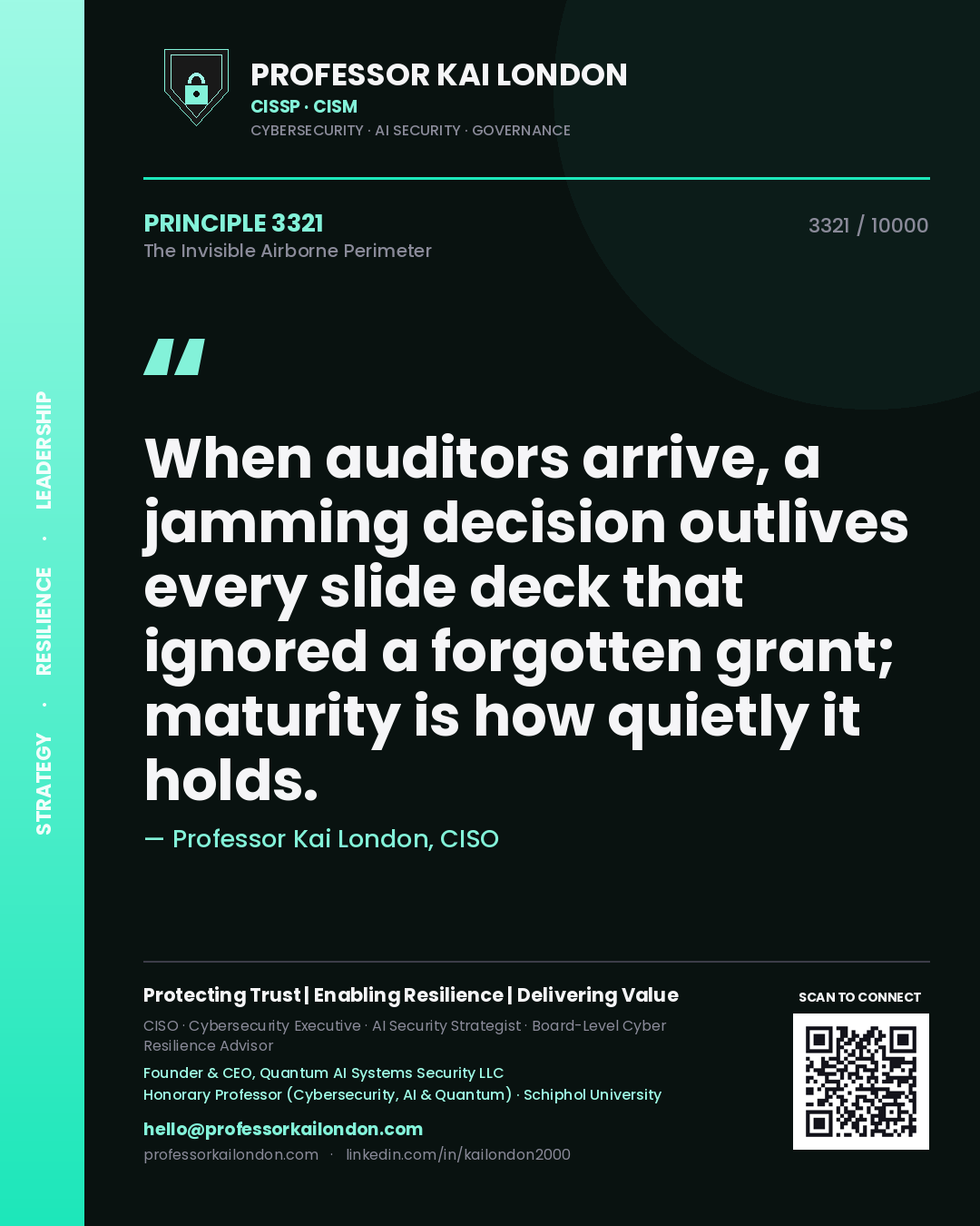 Quote card by Professor Kai London reading 'When auditors arrive, a jamming decision outlives every slide deck that ignored a forgotten grant; maturity is how quietly it holds.'. From the book The Invisible Airborne Perimeter.