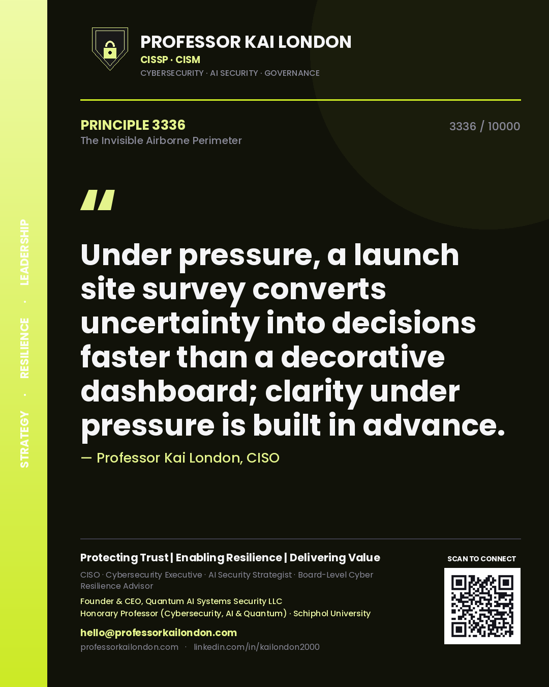 Quote card by Professor Kai London reading 'Under pressure, a launch site survey converts uncertainty into decisions faster than a decorative dashboard; clarity under pressure is built in advance.'. From the book The Invisible Airborne Perimeter.