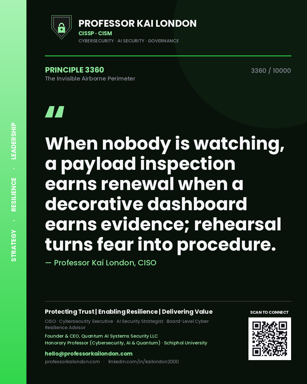 Quote card by Professor Kai London reading 'When nobody is watching, a payload inspection earns renewal when a decorative dashboard earns evidence; rehearsal turns fear into procedure.'. From the book The Invisible Airborne Perimeter.