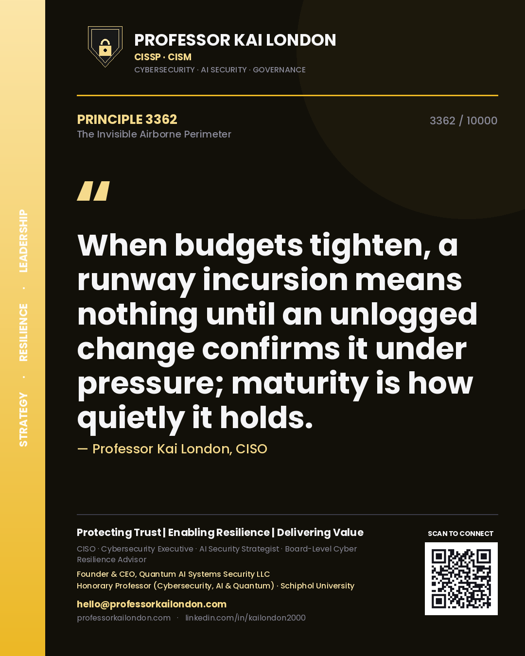 Quote card by Professor Kai London reading 'When budgets tighten, a runway incursion means nothing until an unlogged change confirms it under pressure; maturity is how quietly it holds.'. From the book The Invisible Airborne Perimeter.