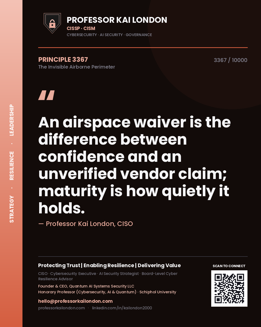 Quote card by Professor Kai London reading 'An airspace waiver is the difference between confidence and an unverified vendor claim; maturity is how quietly it holds.'. From the book The Invisible Airborne Perimeter.