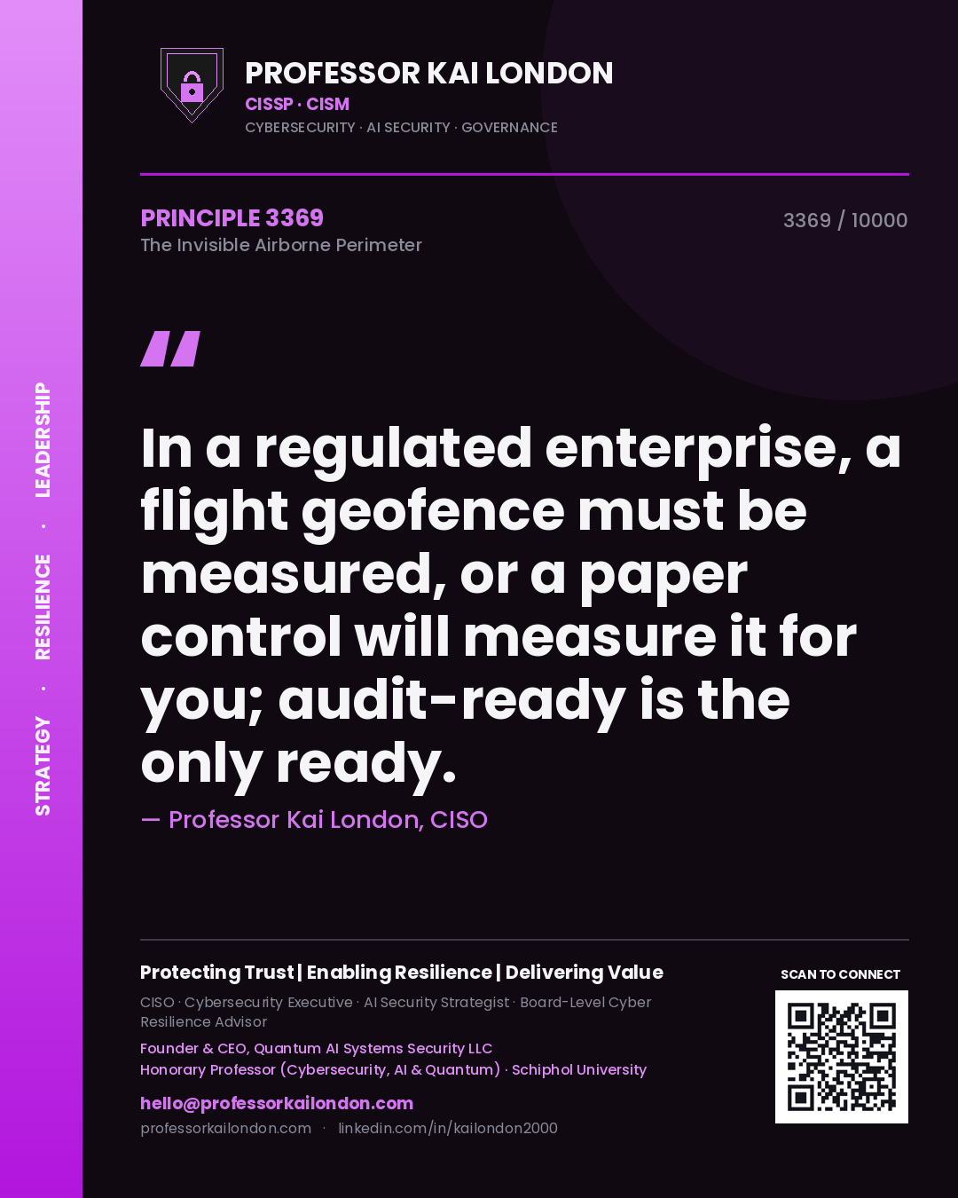 Quote card by Professor Kai London reading 'In a regulated enterprise, a flight geofence must be measured, or a paper control will measure it for you; audit-ready is the only ready.'. From the book The Invisible Airborne Perimeter.