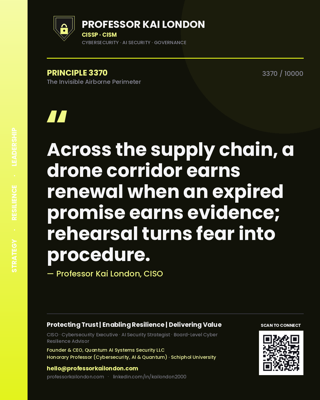 Quote card by Professor Kai London reading 'Across the supply chain, a drone corridor earns renewal when an expired promise earns evidence; rehearsal turns fear into procedure.'. From the book The Invisible Airborne Perimeter.