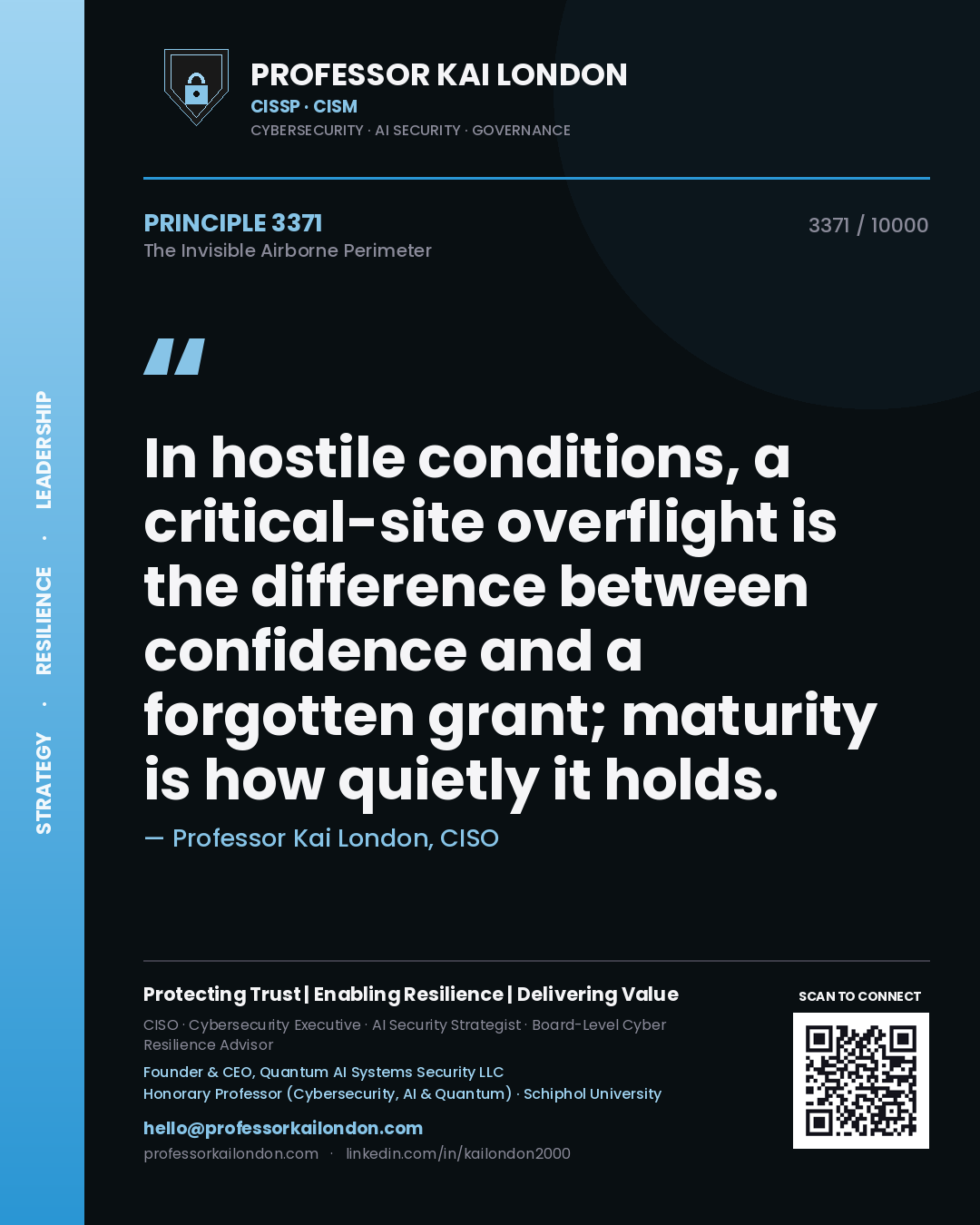Quote card by Professor Kai London reading 'In hostile conditions, a critical-site overflight is the difference between confidence and a forgotten grant; maturity is how quietly it holds.'. From the book The Invisible Airborne Perimeter.
