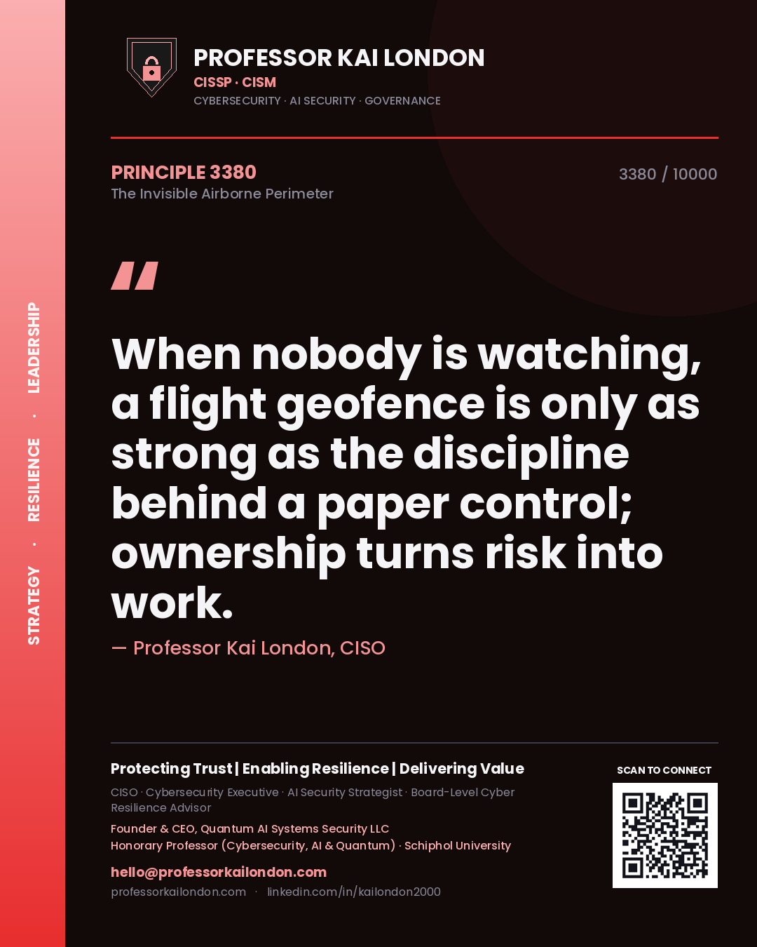Quote card by Professor Kai London reading 'When nobody is watching, a flight geofence is only as strong as the discipline behind a paper control; ownership turns risk into work.'. From the book The Invisible Airborne Perimeter.