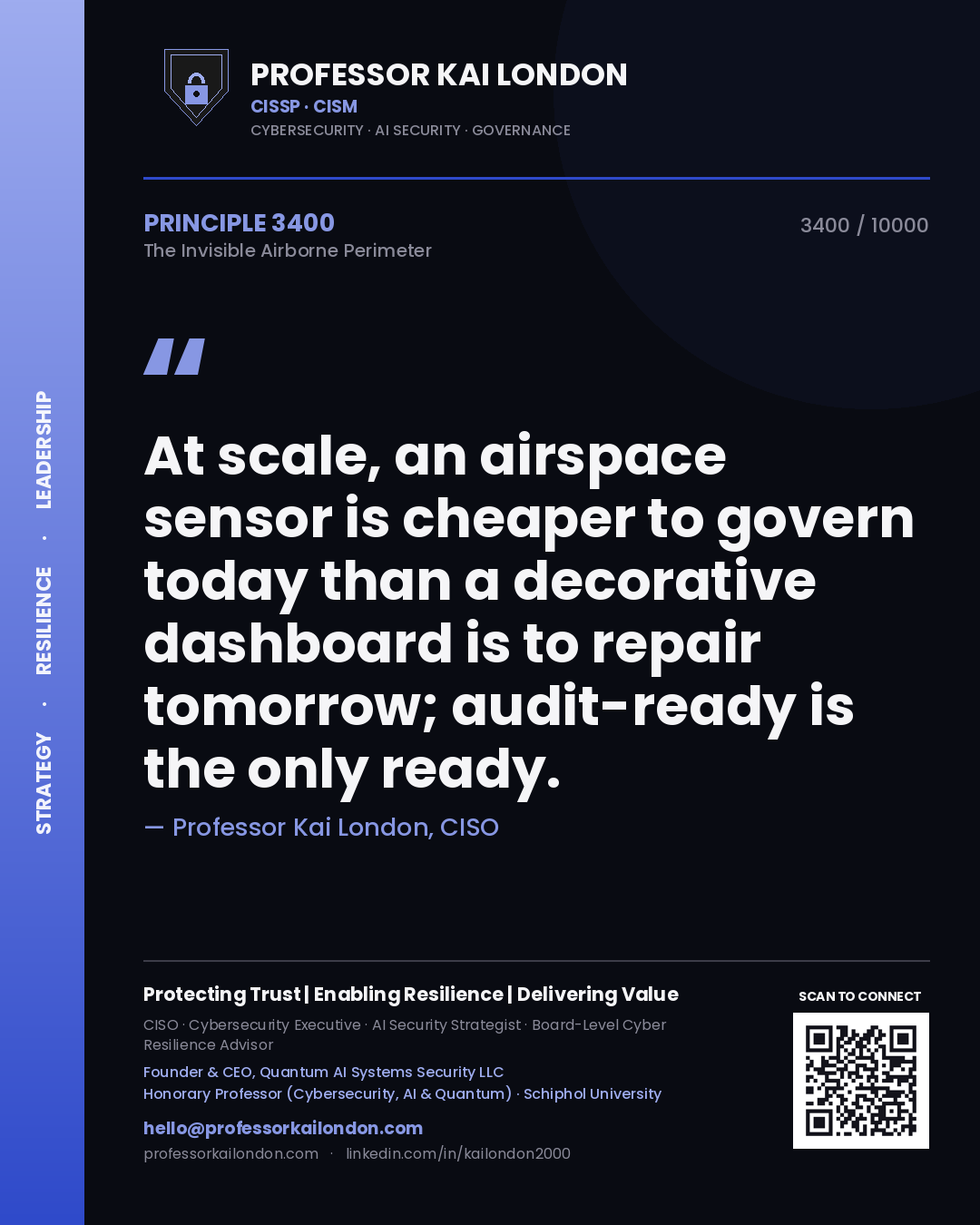 Quote card by Professor Kai London reading 'At scale, an airspace sensor is cheaper to govern today than a decorative dashboard is to repair tomorrow; audit-ready is the only ready.'. From the book The Invisible Airborne Perimeter.
