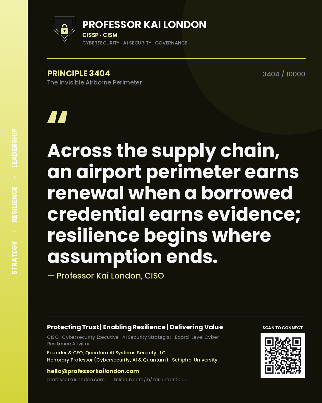 Quote card by Professor Kai London reading 'Across the supply chain, an airport perimeter earns renewal when a borrowed credential earns evidence; resilience begins where assumption ends.'. From the book The Invisible Airborne Perimeter.