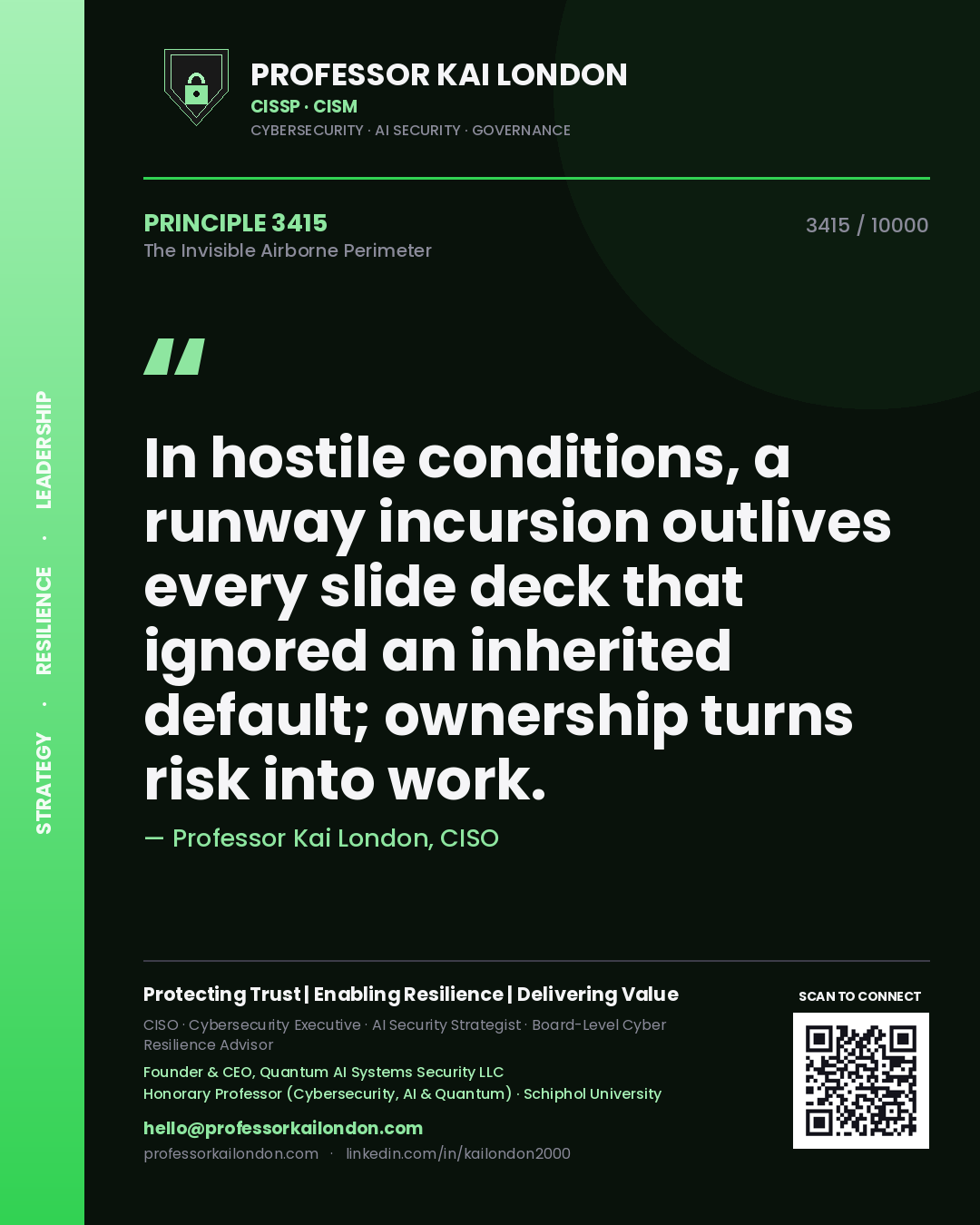 Quote card by Professor Kai London reading 'In hostile conditions, a runway incursion outlives every slide deck that ignored an inherited default; ownership turns risk into work.'. From the book The Invisible Airborne Perimeter.