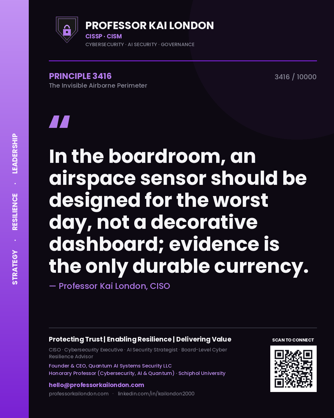 Quote card by Professor Kai London reading 'In the boardroom, an airspace sensor should be designed for the worst day, not a decorative dashboard; evidence is the only durable currency.'. From the book The Invisible Airborne Perimeter.