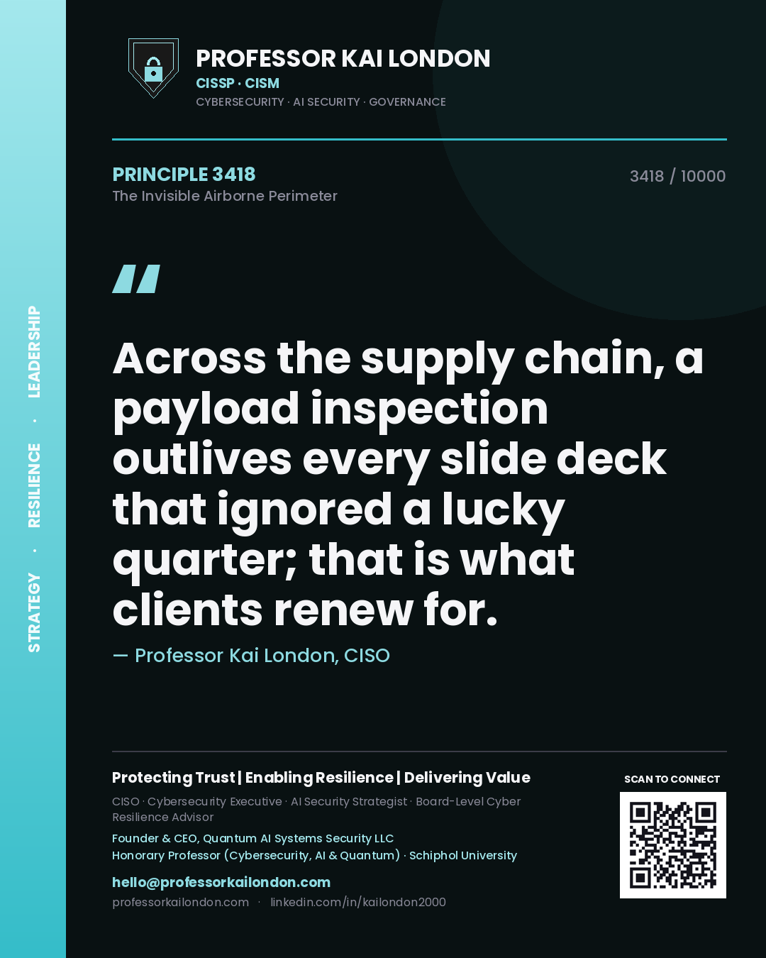 Quote card by Professor Kai London reading 'Across the supply chain, a payload inspection outlives every slide deck that ignored a lucky quarter; that is what clients renew for.'. From the book The Invisible Airborne Perimeter.