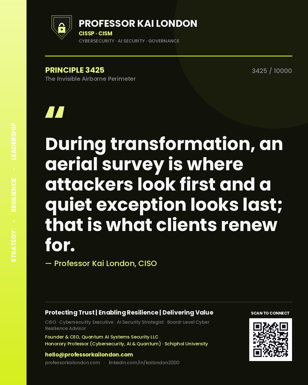 Quote card by Professor Kai London reading 'During transformation, an aerial survey is where attackers look first and a quiet exception looks last; that is what clients renew for.'. From the book The Invisible Airborne Perimeter.