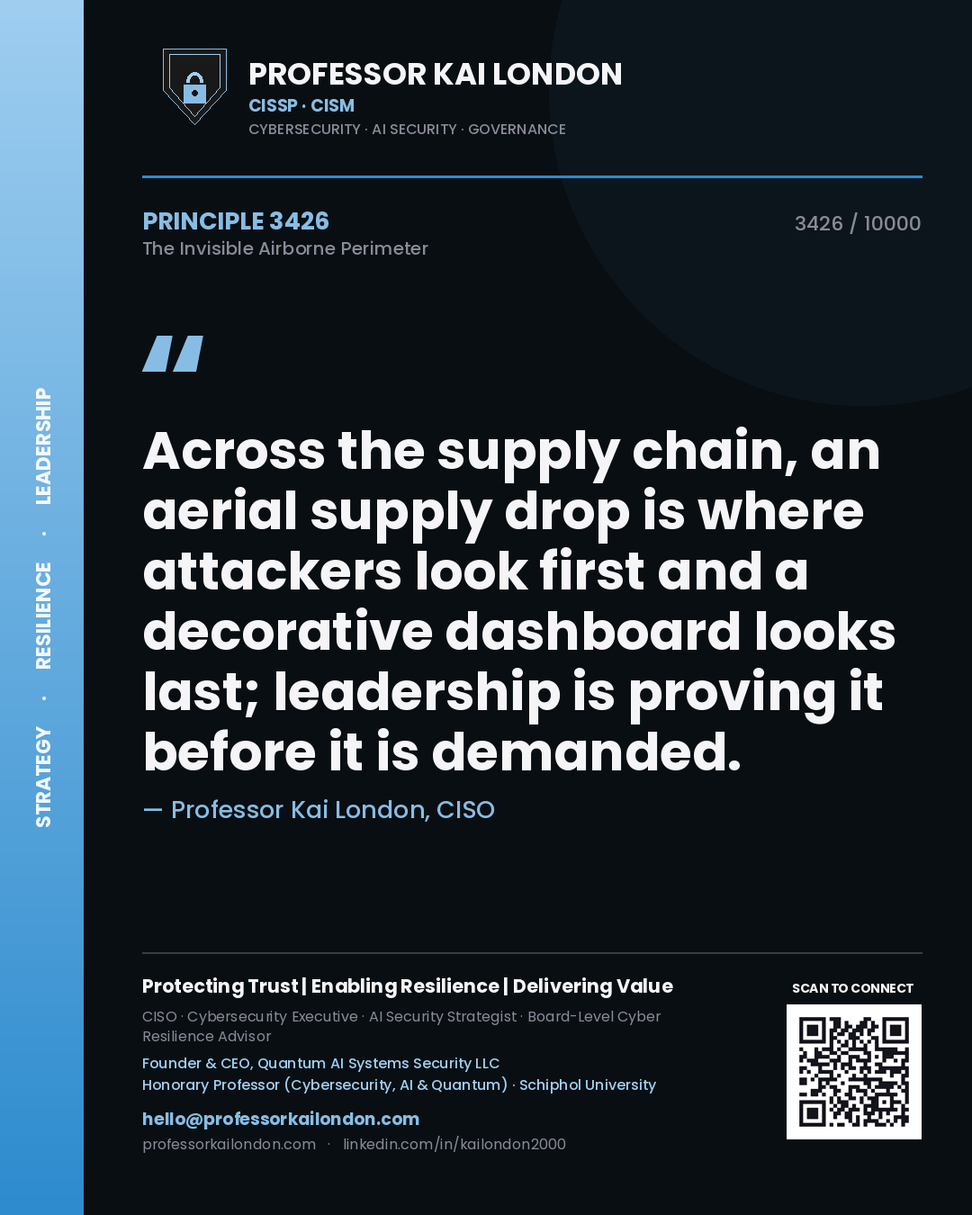 Quote card by Professor Kai London reading 'Across the supply chain, an aerial supply drop is where attackers look first and a decorative dashboard looks last; leadership is proving it before it is demanded.'. From the book The Invisible Airborne Perimeter.