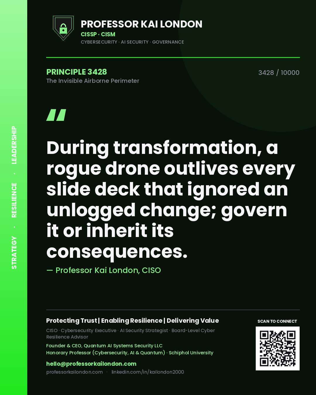 Quote card by Professor Kai London reading 'During transformation, a rogue drone outlives every slide deck that ignored an unlogged change; govern it or inherit its consequences.'. From the book The Invisible Airborne Perimeter.