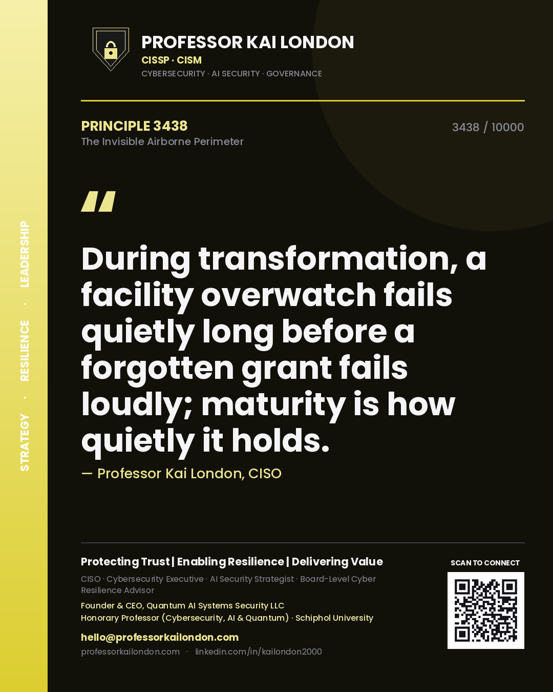 Professor Kai London principle 3438: During transformation, a facility overwatch fails quietly long before a forgotten grant fails loudly; maturity is how quietly it holds.