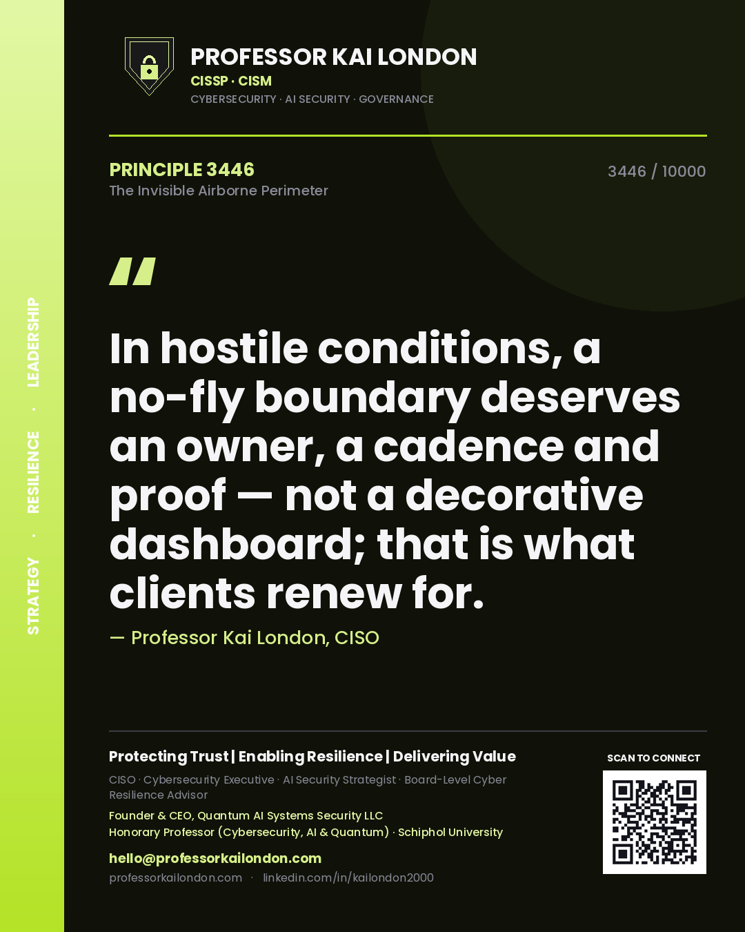 Professor Kai London principle 3446: In hostile conditions, a no-fly boundary deserves an owner, a cadence and proof — not a decorative dashboard; that is what clients renew for.