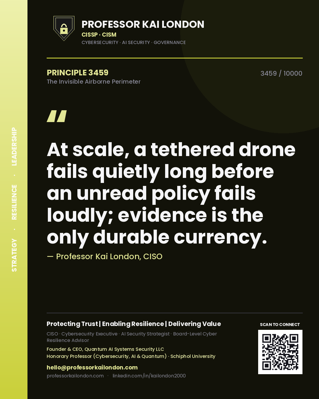 Professor Kai London principle 3459: At scale, a tethered drone fails quietly long before an unread policy fails loudly; evidence is the only durable currency.