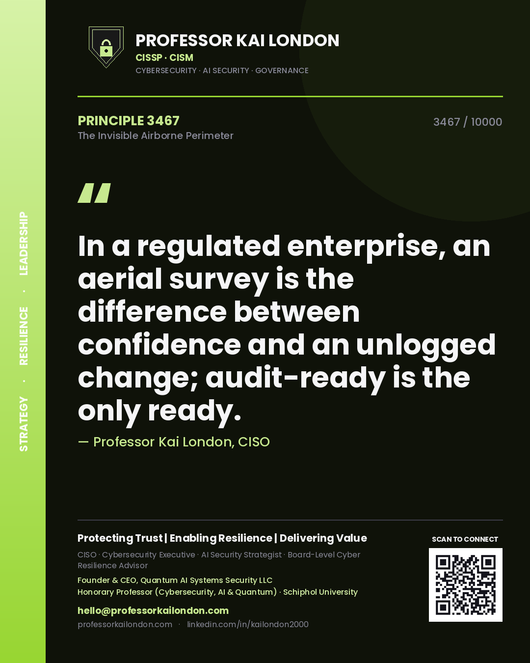 Quote card by Professor Kai London reading 'In a regulated enterprise, an aerial survey is the difference between confidence and an unlogged change; audit-ready is the only ready.'. From the book The Invisible Airborne Perimeter.