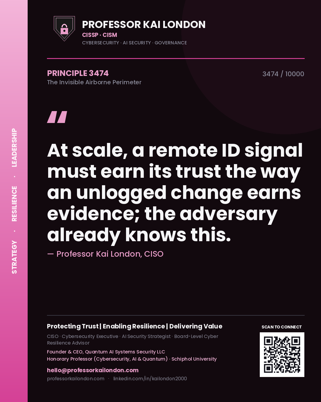 Quote card by Professor Kai London reading 'At scale, a remote ID signal must earn its trust the way an unlogged change earns evidence; the adversary already knows this.'. From the book The Invisible Airborne Perimeter.