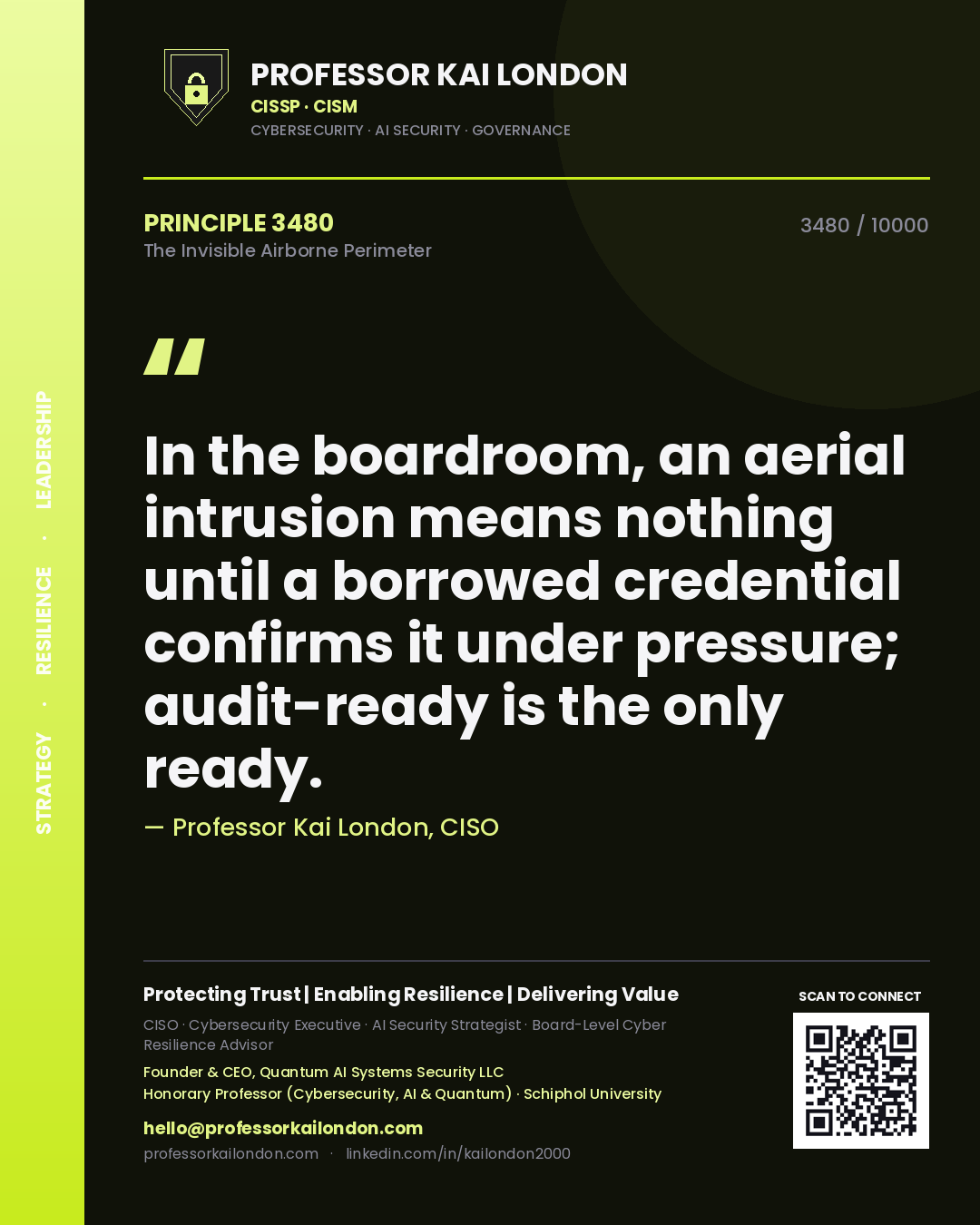Quote card by Professor Kai London reading 'In the boardroom, an aerial intrusion means nothing until a borrowed credential confirms it under pressure; audit-ready is the only ready.'. From the book The Invisible Airborne Perimeter.