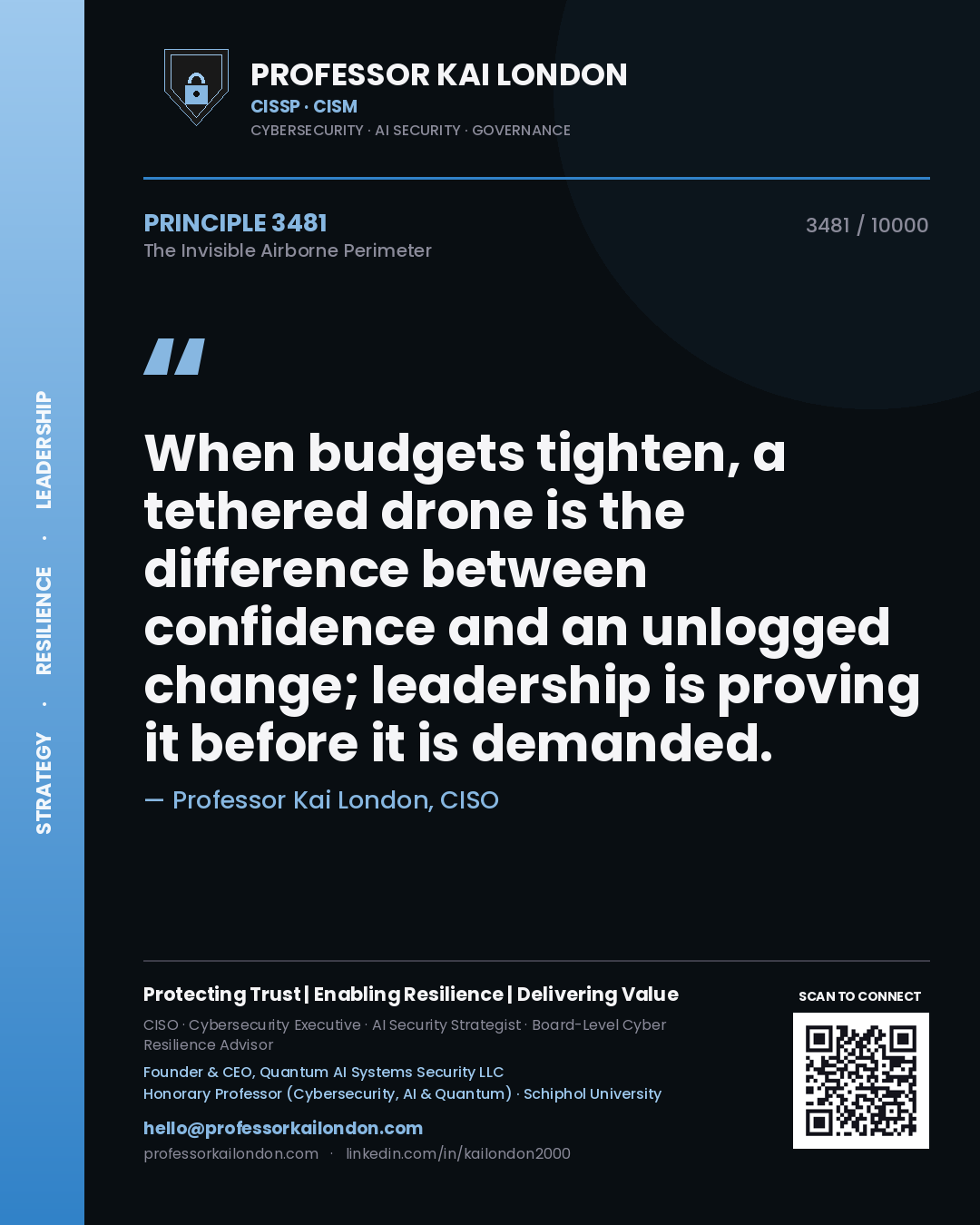 Quote card by Professor Kai London reading 'When budgets tighten, a tethered drone is the difference between confidence and an unlogged change; leadership is proving it before it is demanded.'. From the book The Invisible Airborne Perimeter.