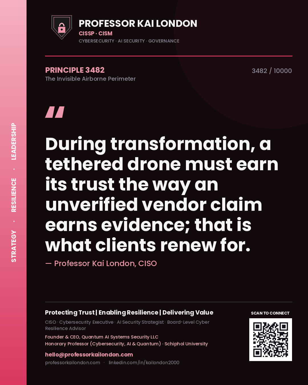 Quote card by Professor Kai London reading 'During transformation, a tethered drone must earn its trust the way an unverified vendor claim earns evidence; that is what clients renew for.'. From the book The Invisible Airborne Perimeter.