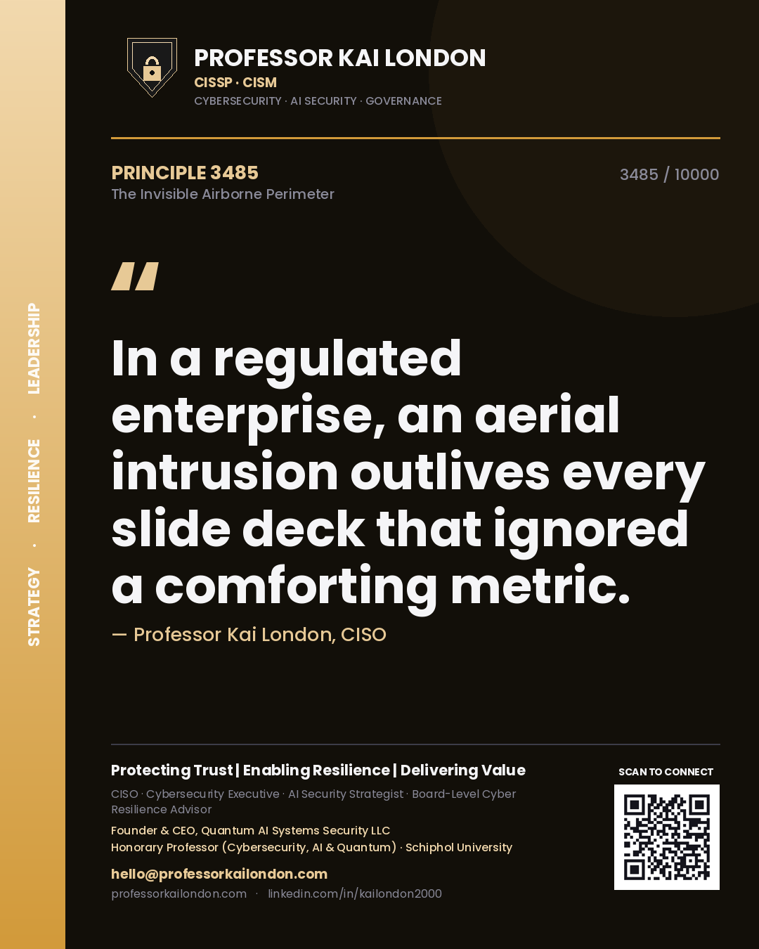 Quote card by Professor Kai London reading 'In a regulated enterprise, an aerial intrusion outlives every slide deck that ignored a comforting metric.'. From the book The Invisible Airborne Perimeter.