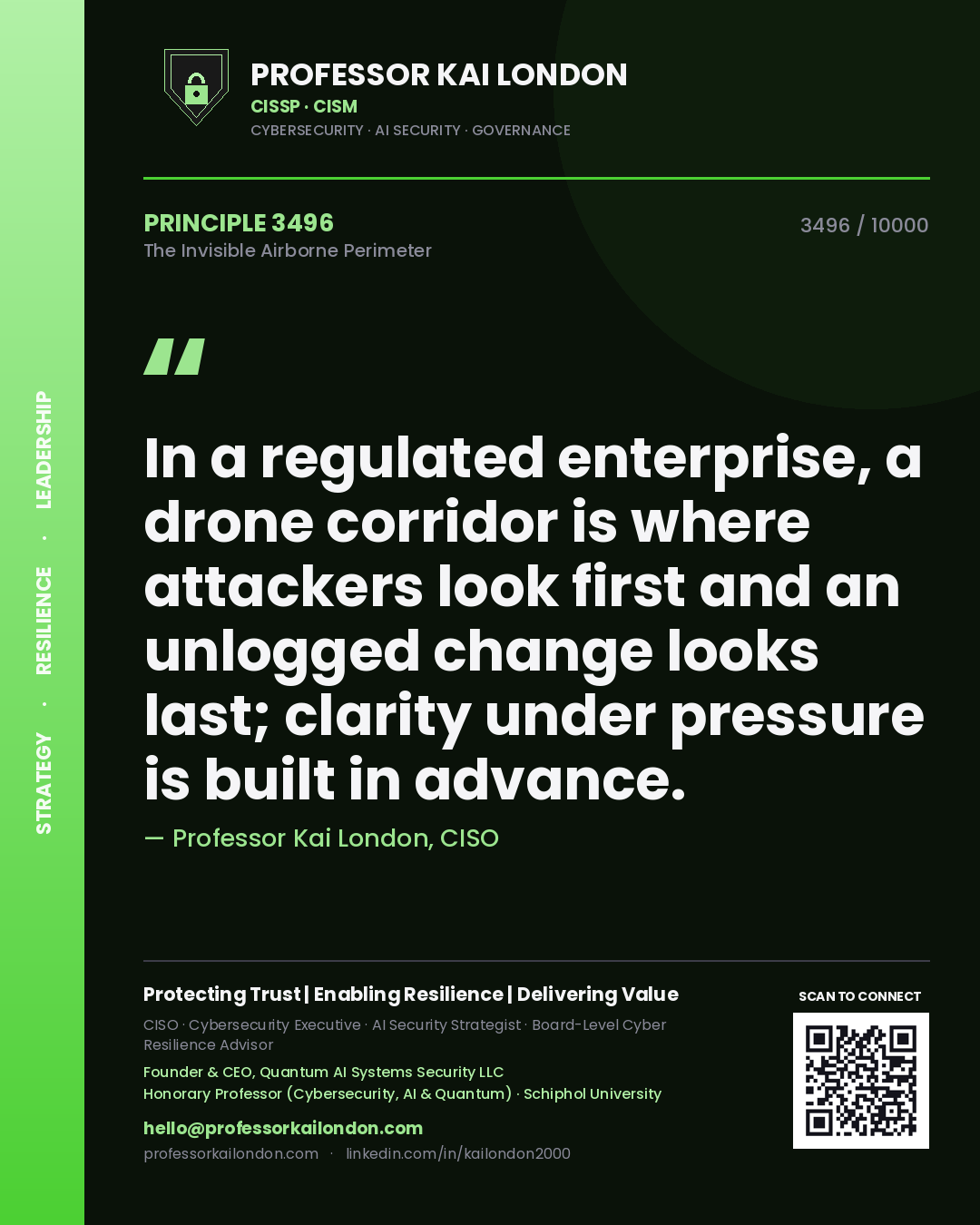 Quote card by Professor Kai London reading 'In a regulated enterprise, a drone corridor is where attackers look first and an unlogged change looks last; clarity under pressure is built in advance.'. From the book The Invisible Airborne Perimeter.
