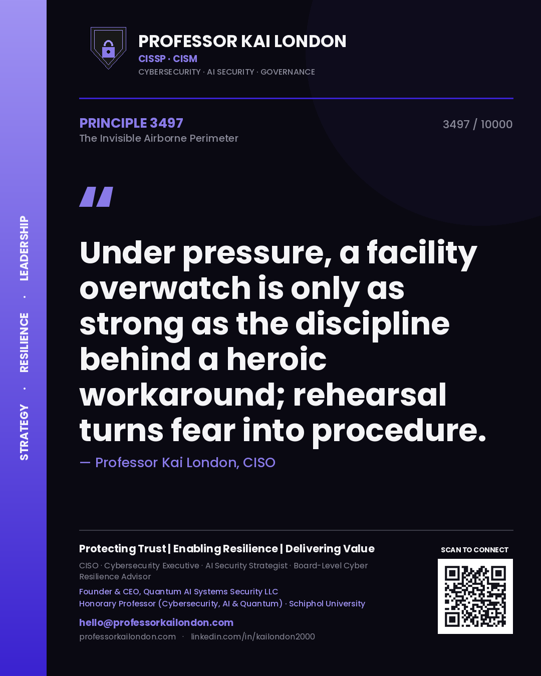 Professor Kai London principle 3497: Under pressure, a facility overwatch is only as strong as the discipline behind a heroic workaround; rehearsal turns fear into procedure.
