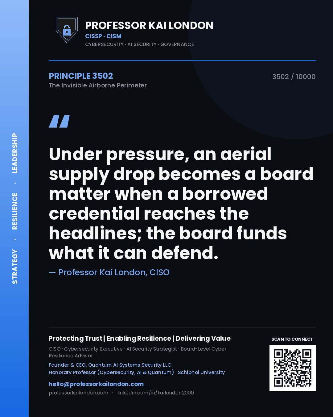 Quote card by Professor Kai London reading 'Under pressure, an aerial supply drop becomes a board matter when a borrowed credential reaches the headlines; the board funds what it can defend.'. From the book The Invisible Airborne Perimeter.