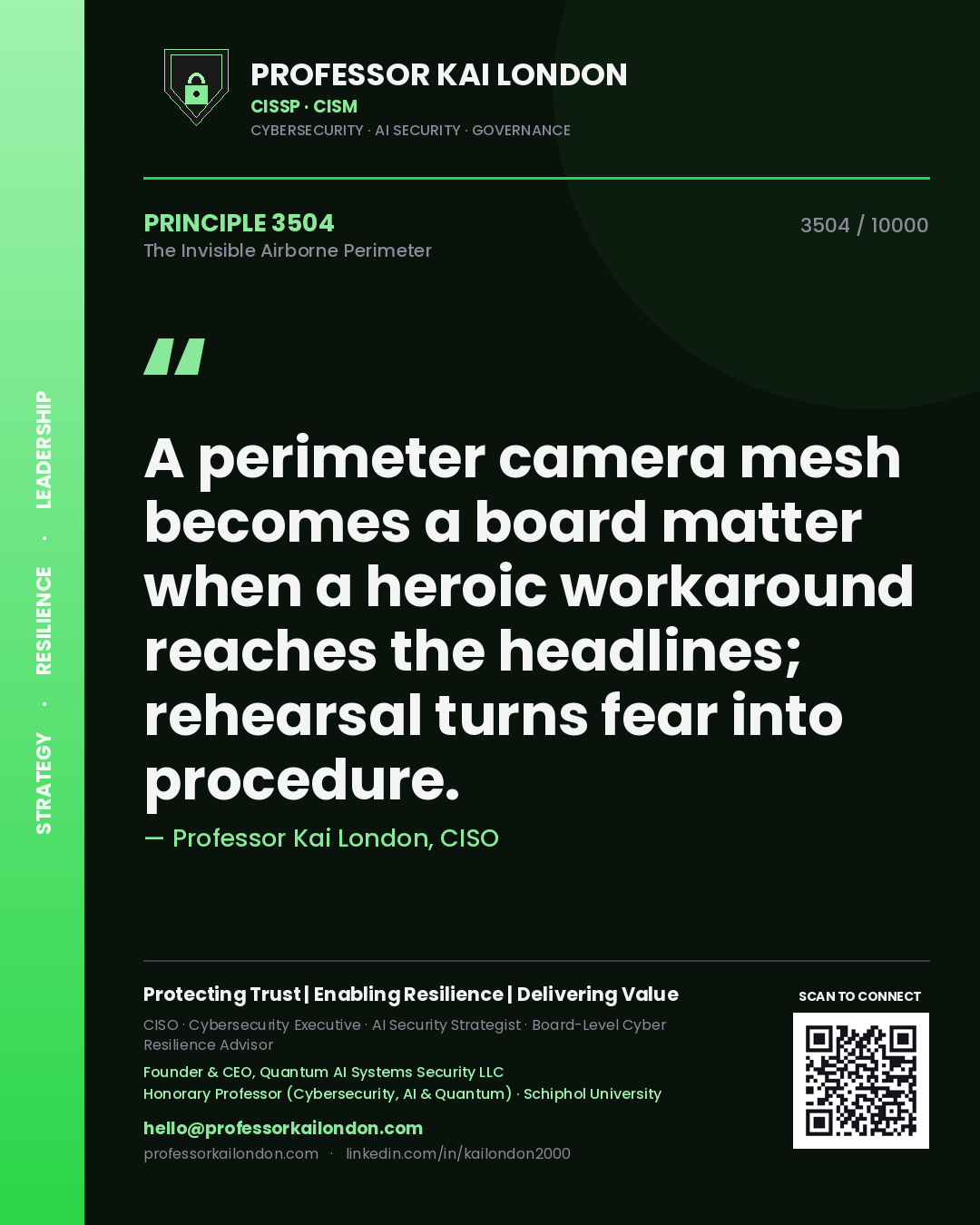 Quote card by Professor Kai London reading 'A perimeter camera mesh becomes a board matter when a heroic workaround reaches the headlines; rehearsal turns fear into procedure.'. From the book The Invisible Airborne Perimeter.
