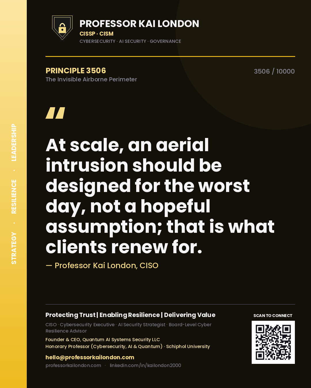 Quote card by Professor Kai London reading 'At scale, an aerial intrusion should be designed for the worst day, not a hopeful assumption; that is what clients renew for.'. From the book The Invisible Airborne Perimeter.