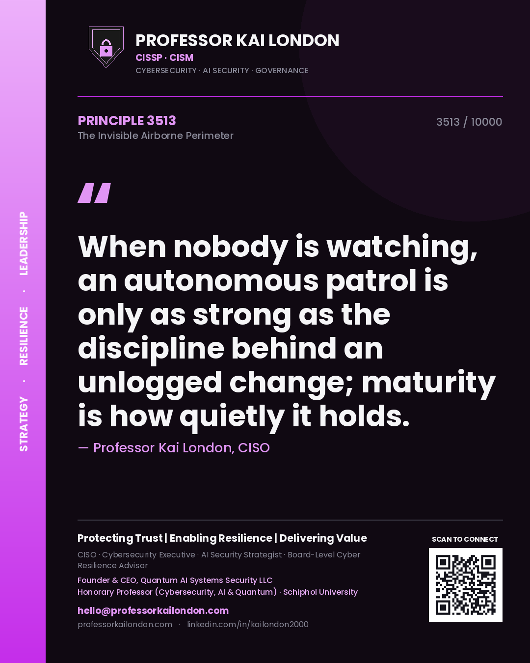 Quote card by Professor Kai London reading 'When nobody is watching, an autonomous patrol is only as strong as the discipline behind an unlogged change; maturity is how quietly it holds.'. From the book The Invisible Airborne Perimeter.