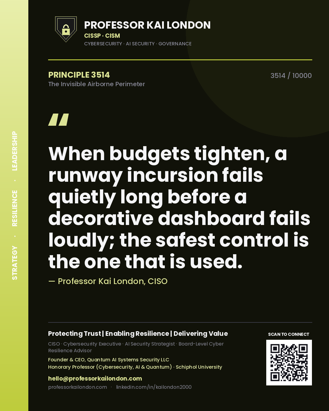 Quote card by Professor Kai London reading 'When budgets tighten, a runway incursion fails quietly long before a decorative dashboard fails loudly; the safest control is the one that is used.'. From the book The Invisible Airborne Perimeter.