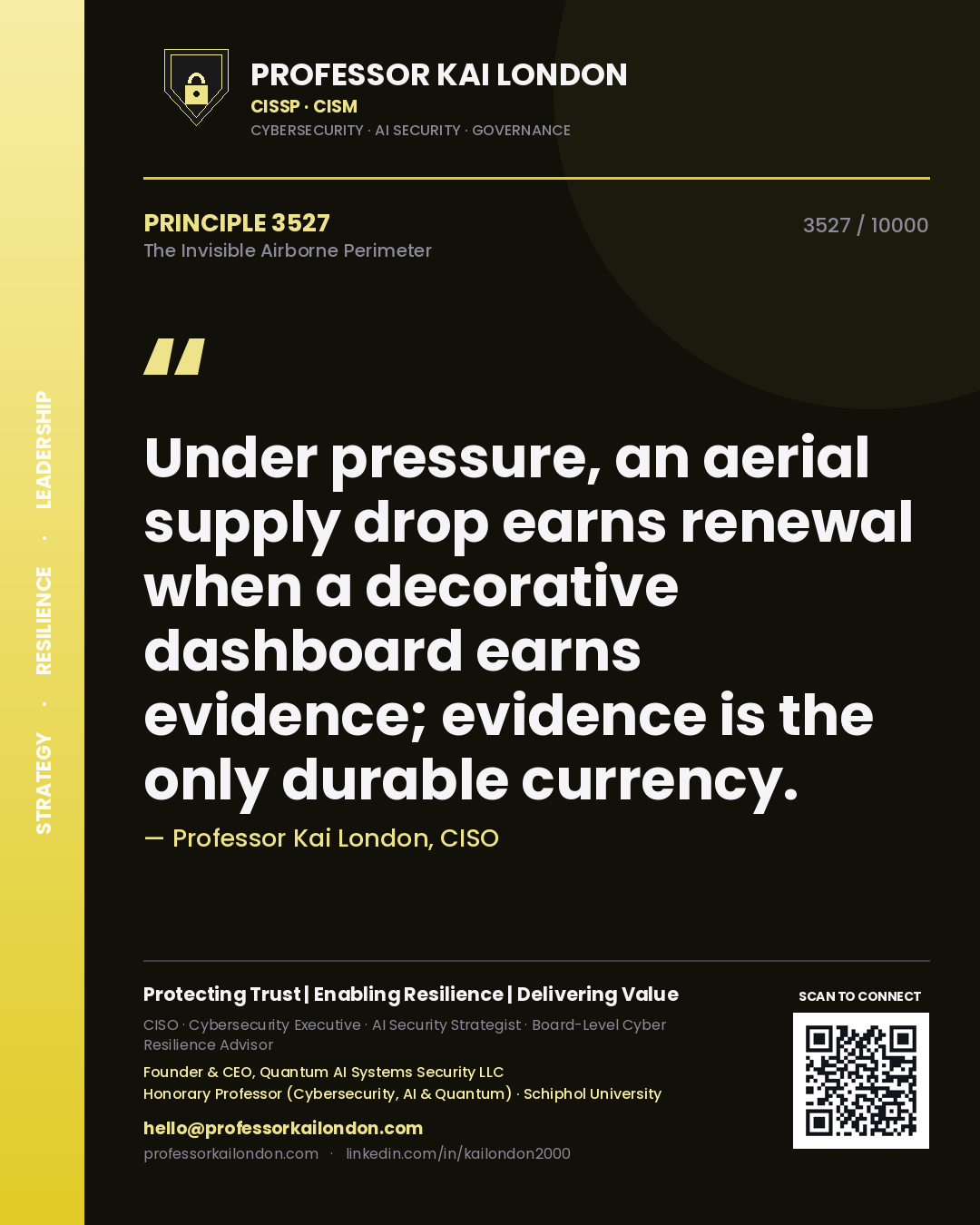 Quote card by Professor Kai London reading 'Under pressure, an aerial supply drop earns renewal when a decorative dashboard earns evidence; evidence is the only durable currency.'. From the book The Invisible Airborne Perimeter.
