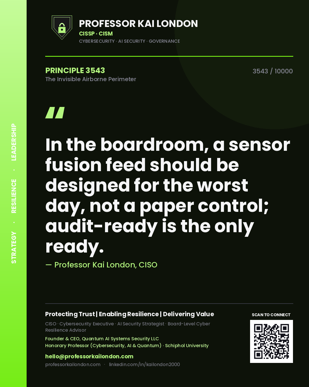 Quote card by Professor Kai London reading 'In the boardroom, a sensor fusion feed should be designed for the worst day, not a paper control; audit-ready is the only ready.'. From the book The Invisible Airborne Perimeter.