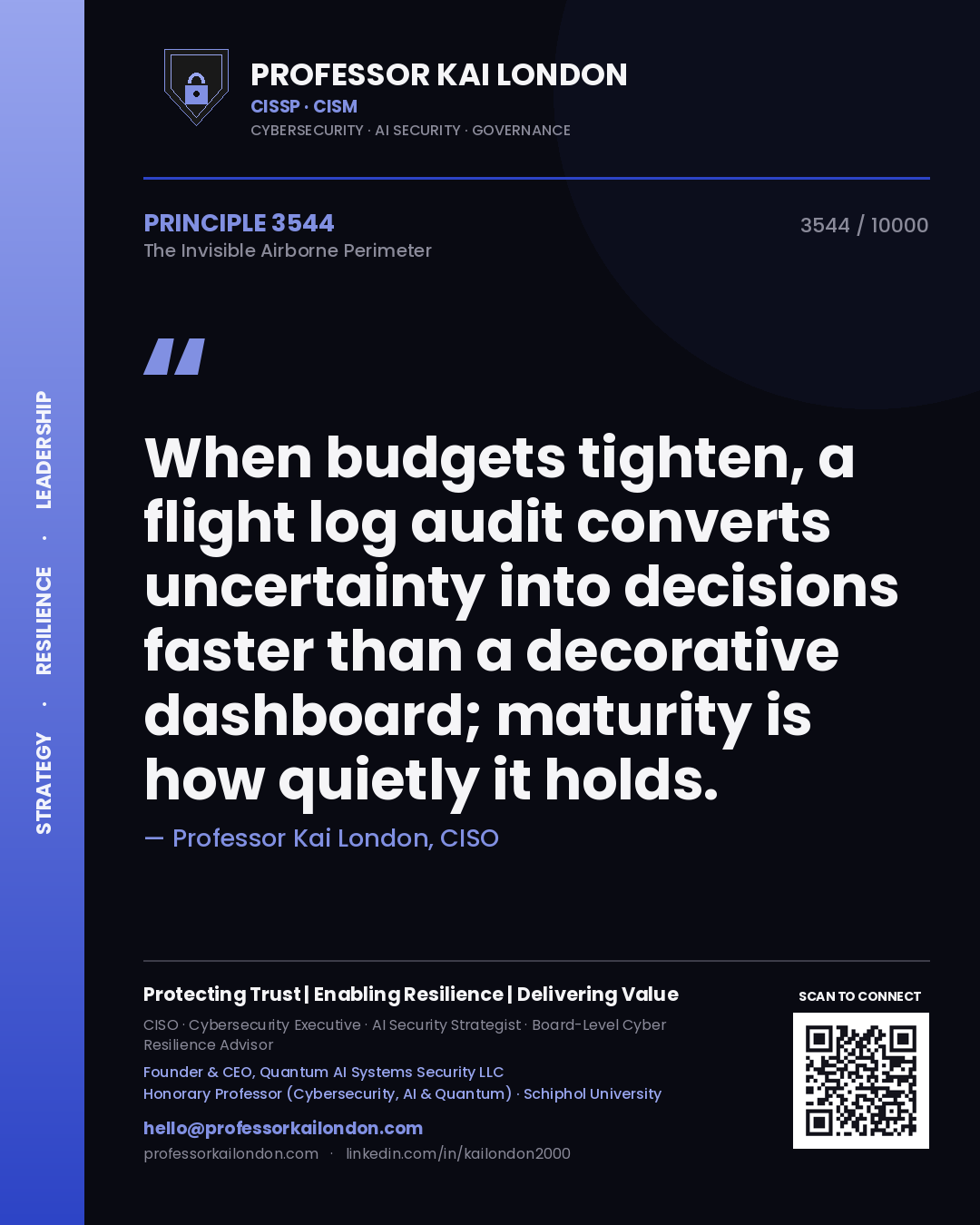 Professor Kai London principle 3544: When budgets tighten, a flight log audit converts uncertainty into decisions faster than a decorative dashboard; maturity is how quietly it holds.
