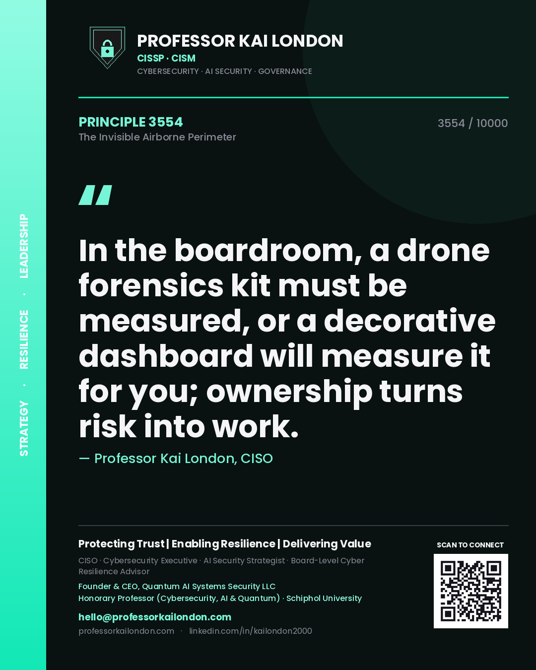 Quote card by Professor Kai London reading 'In the boardroom, a drone forensics kit must be measured, or a decorative dashboard will measure it for you; ownership turns risk into work.'. From the book The Invisible Airborne Perimeter.