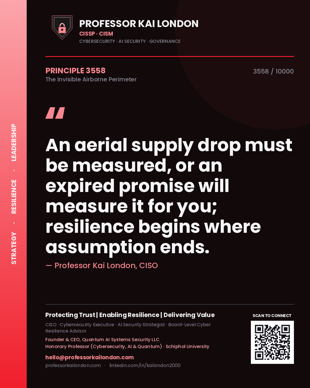 Quote card by Professor Kai London reading 'An aerial supply drop must be measured, or an expired promise will measure it for you; resilience begins where assumption ends.'. From the book The Invisible Airborne Perimeter.
