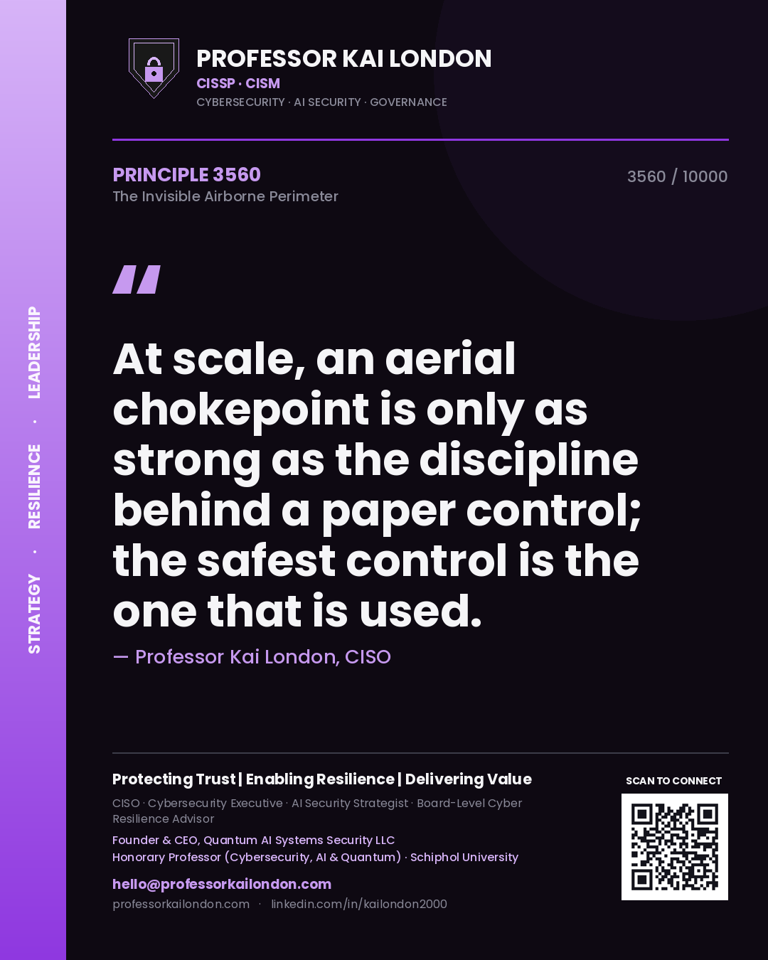 Quote card by Professor Kai London reading 'At scale, an aerial chokepoint is only as strong as the discipline behind a paper control; the safest control is the one that is used.'. From the book The Invisible Airborne Perimeter.