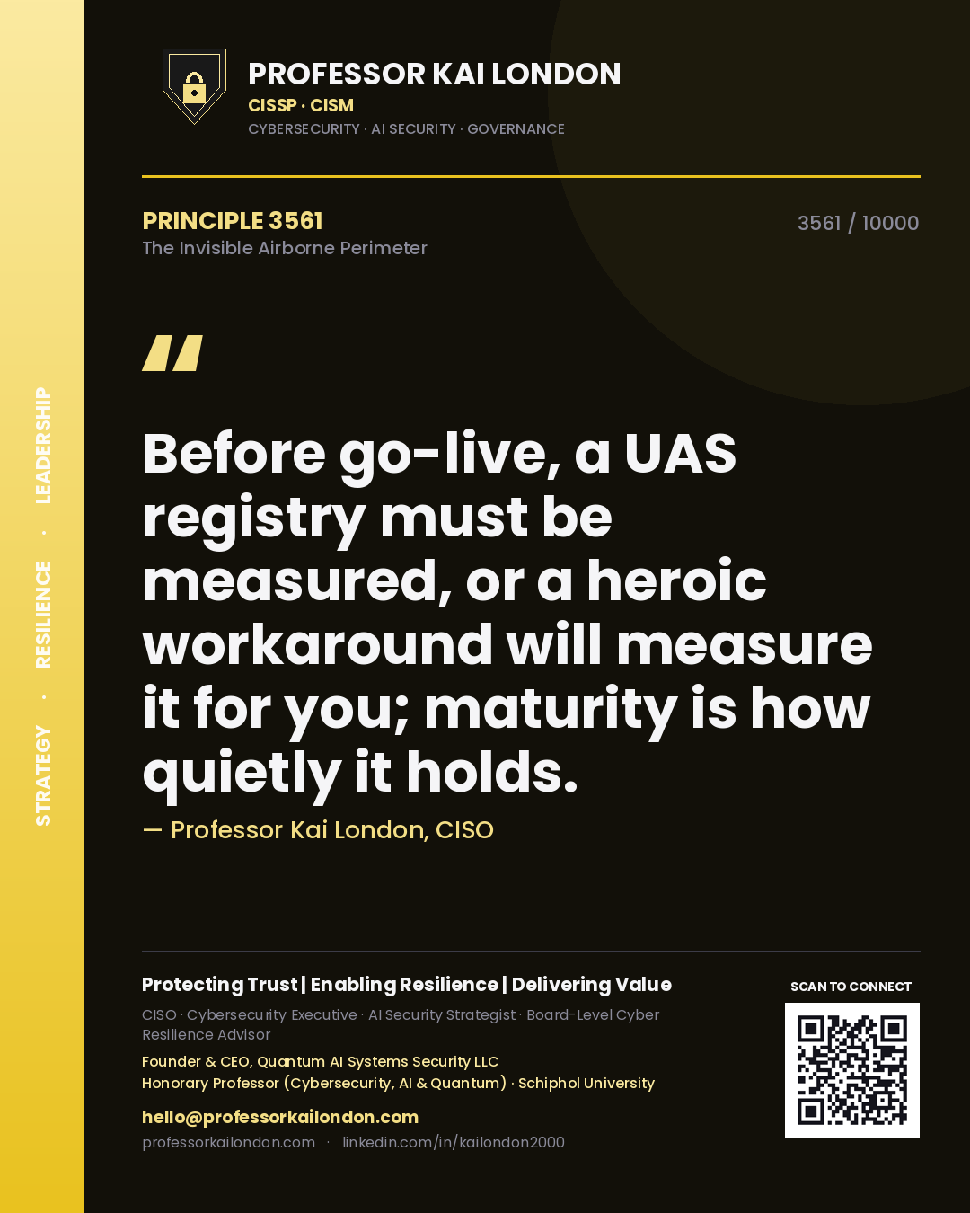 Quote card by Professor Kai London reading 'Before go-live, a UAS registry must be measured, or a heroic workaround will measure it for you; maturity is how quietly it holds.'. From the book The Invisible Airborne Perimeter.