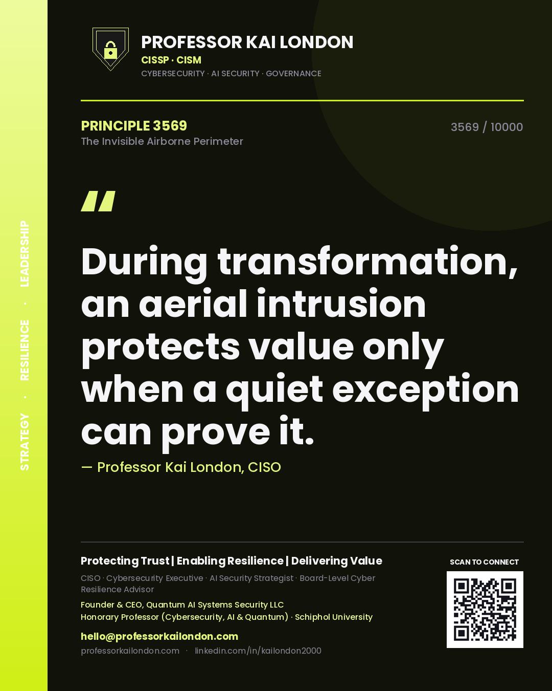 Professor Kai London principle 3569: During transformation, an aerial intrusion protects value only when a quiet exception can prove it.